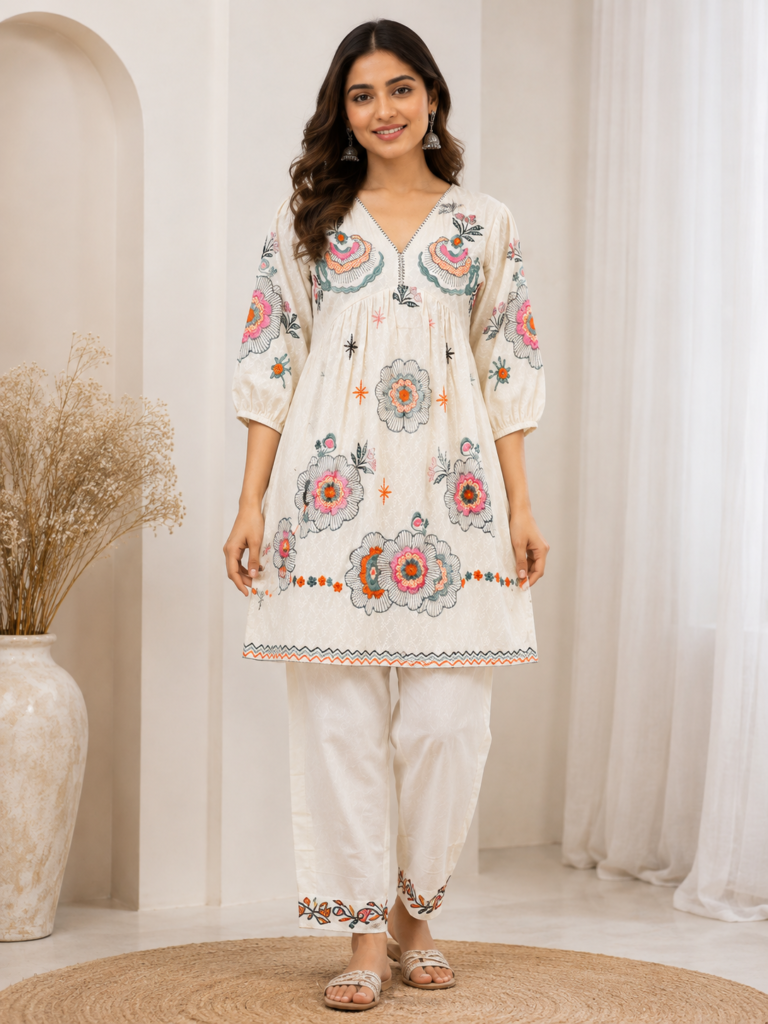 Ivory Floral Bloom Embroidered Kurta Set