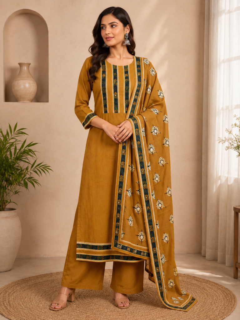 Mustard Heritage 3-Piece Printed Suit Set